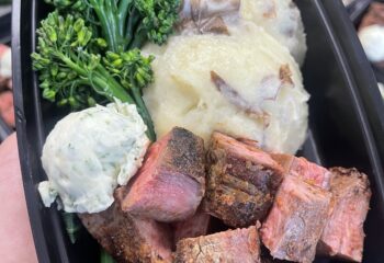 Grilled Protein (chicken or salmon)with garlic butter & Mashed Potatoes